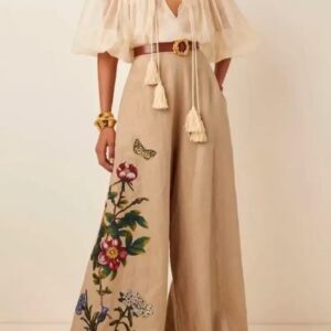 Boho Embroidered Wide-Leg Pants with Sheer Cape Top Set