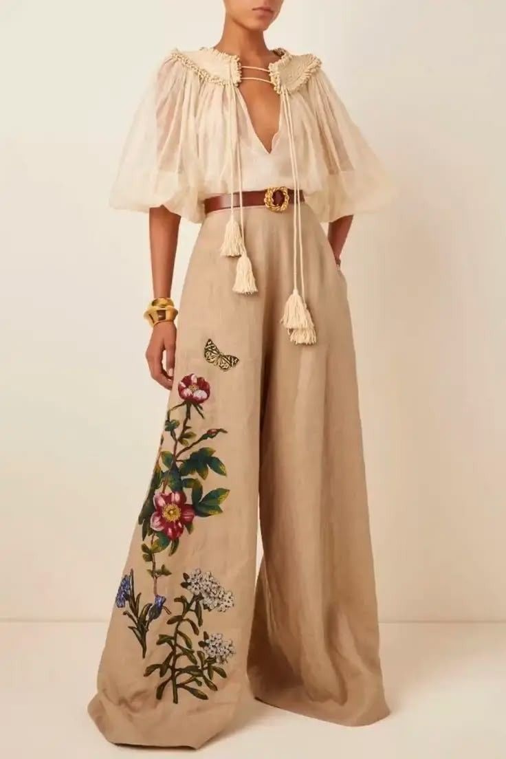Boho Embroidered Wide-Leg Pants with Sheer Cape Top Set
