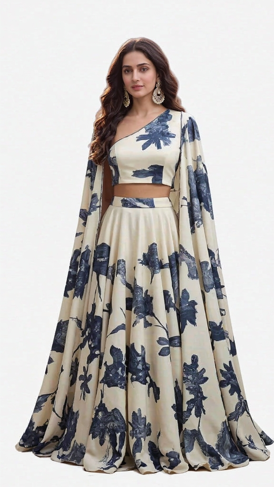 Floral Printed One-Shoulder Lehenga Set with Cape Dupatta - Image 2
